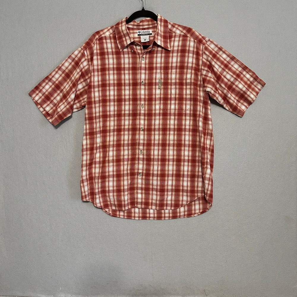 Columbia Mens Red White Plaid Short Sleeve Button Down Shirt Size Medium